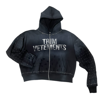 “TRIM VETEMENTS” RHINESTONE ZIP UP HOODIE
